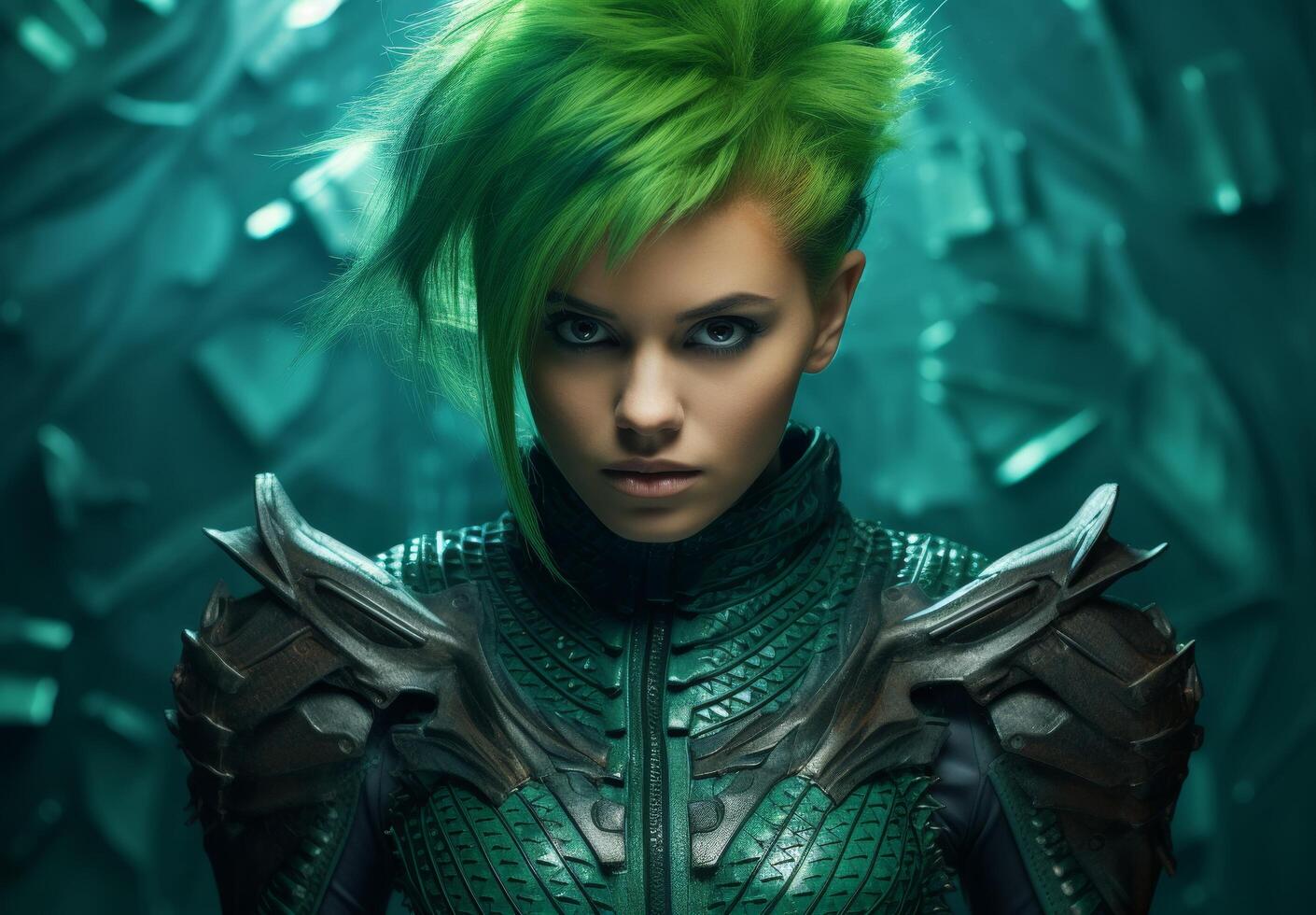 Futuristic warrior with vibrant green hair photo