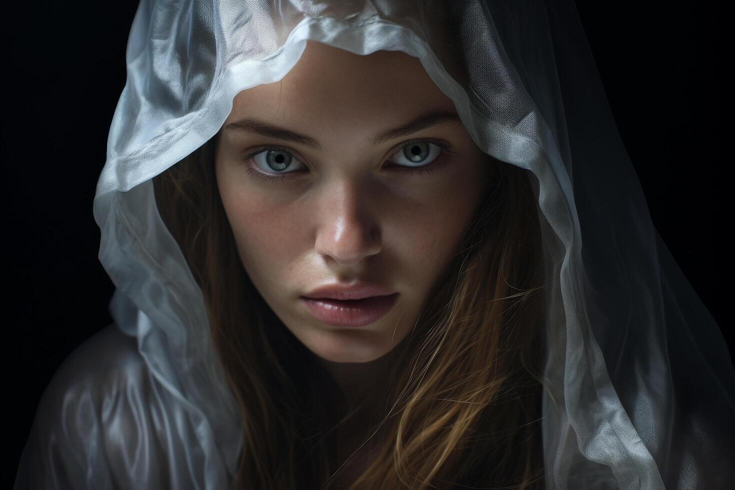 Mysterious woman in white veil photo