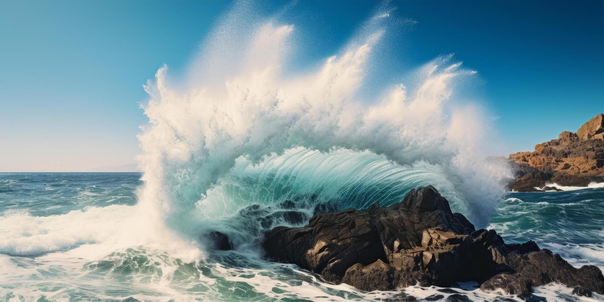 Powerful ocean wave crashing against rocky coastline photo
