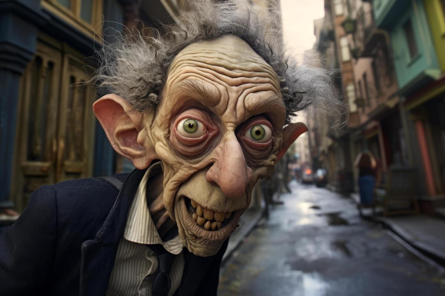Creepy old man with exaggerated features in a dark alley photo