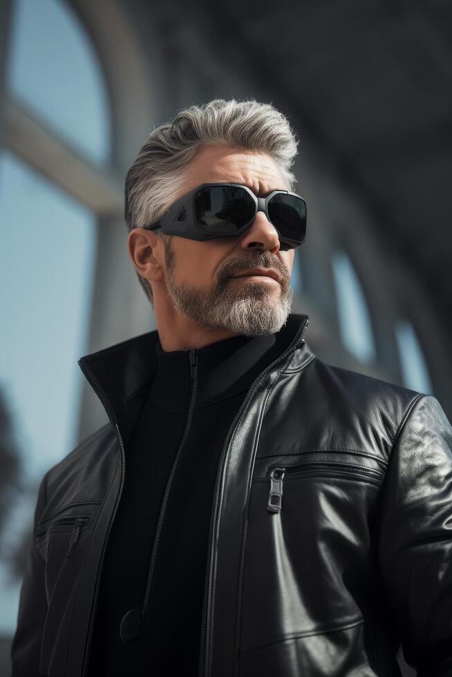 Stylish mature man in leather jacket and sunglasses photo