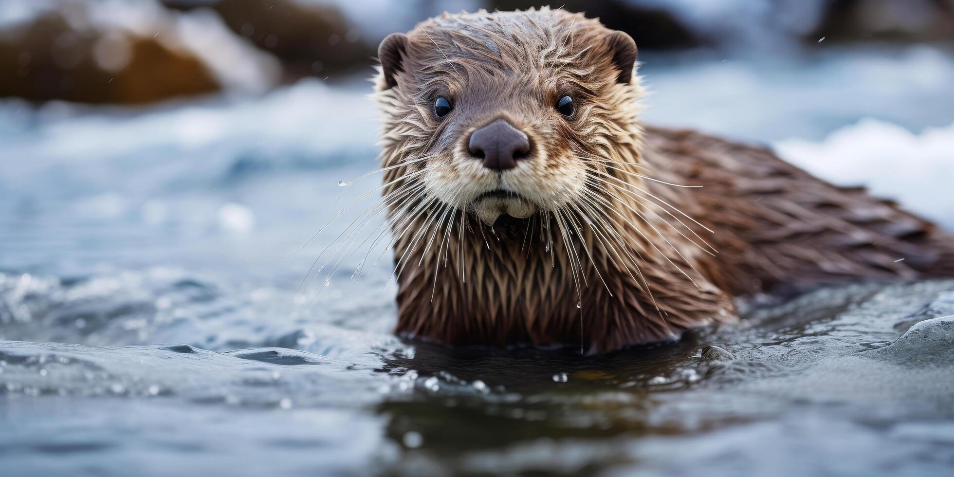 Curious otter in snowy river photo
