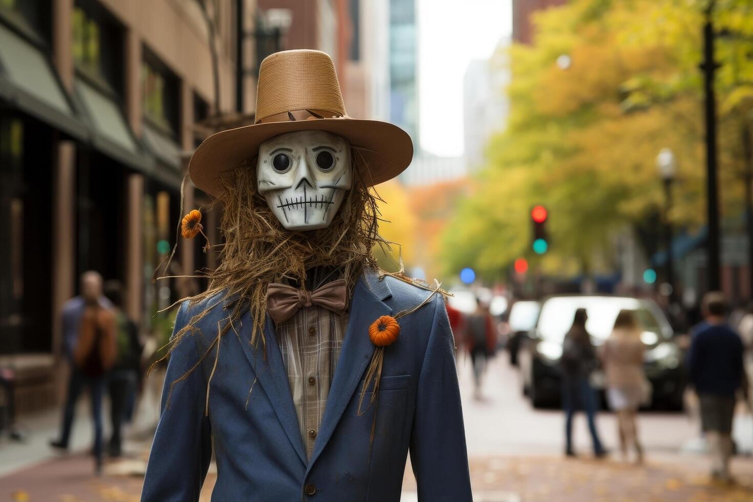 spooky scarecrow figure on city street photo