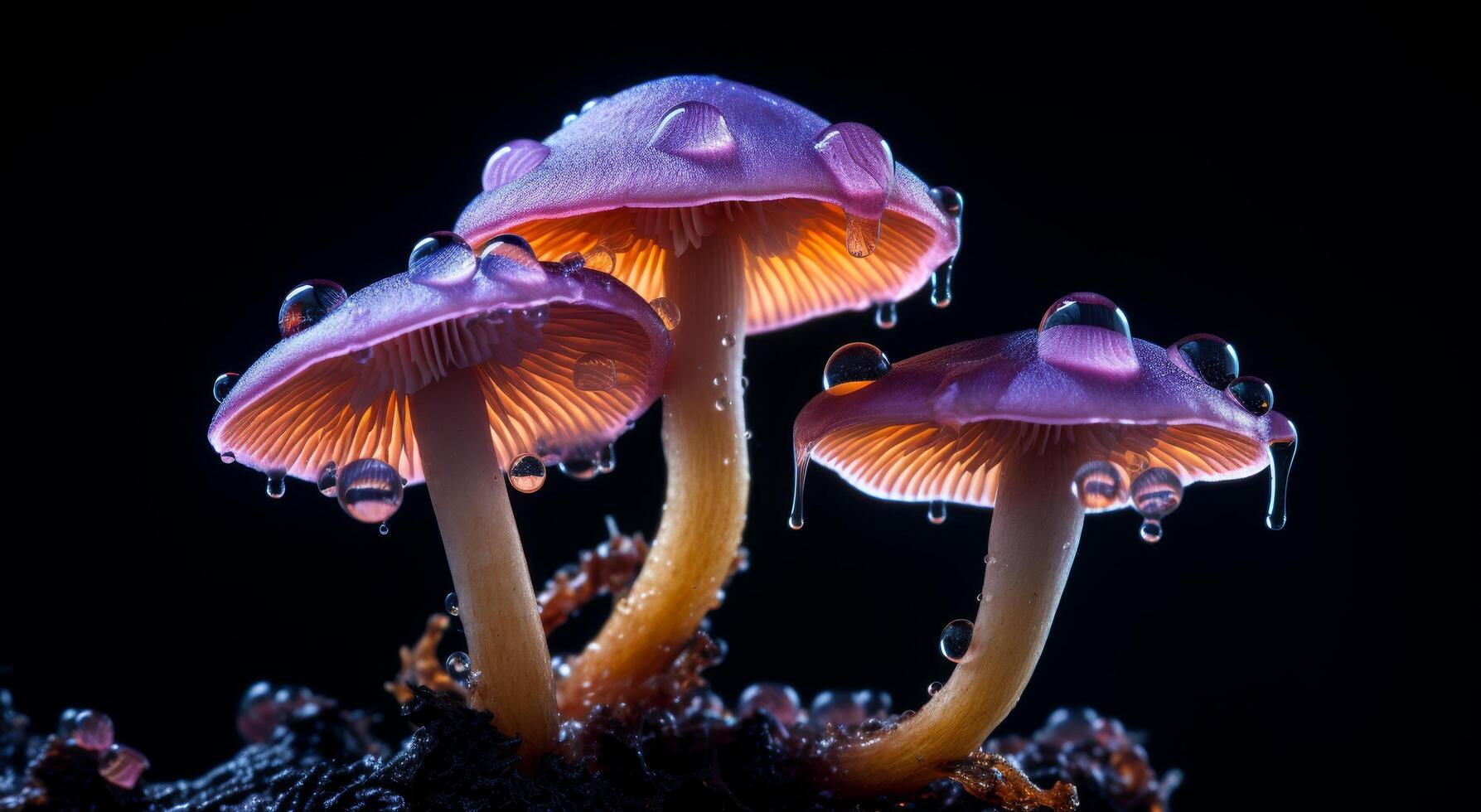 Vibrant purple and orange mushrooms with water droplets photo