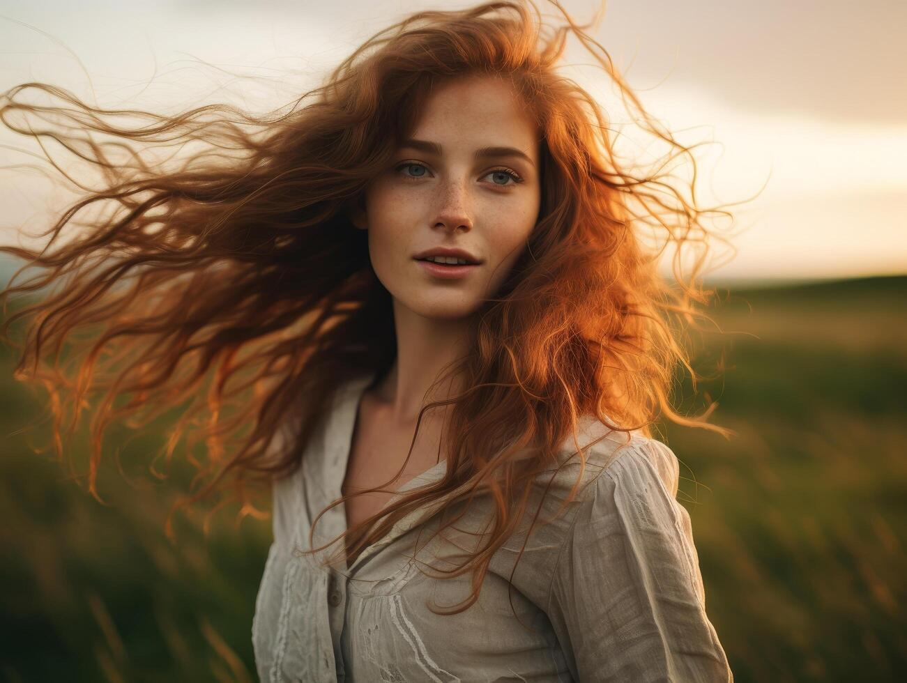 Vibrant red haired woman in windblown field photo