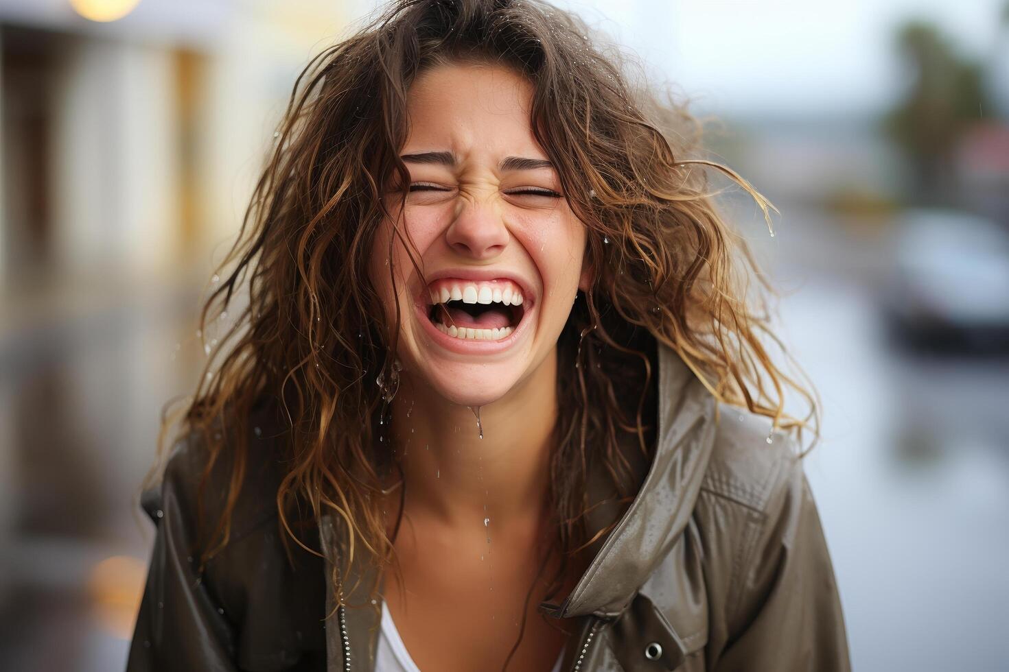 Joyful young woman laughing with windblown hair photo