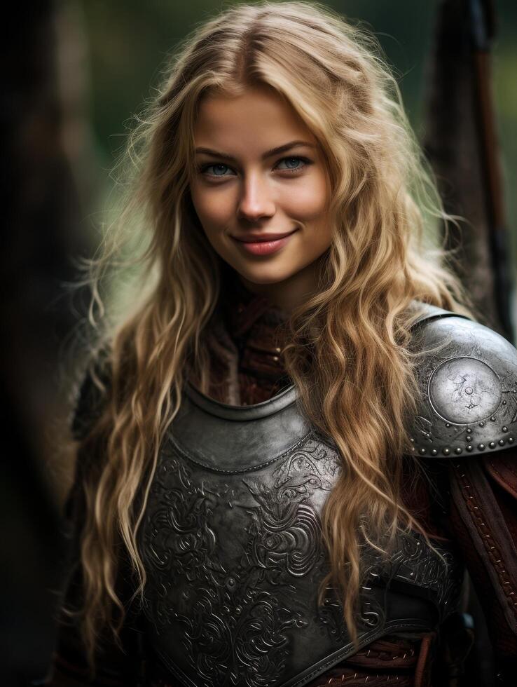 Warrior woman with flowing blonde hair photo