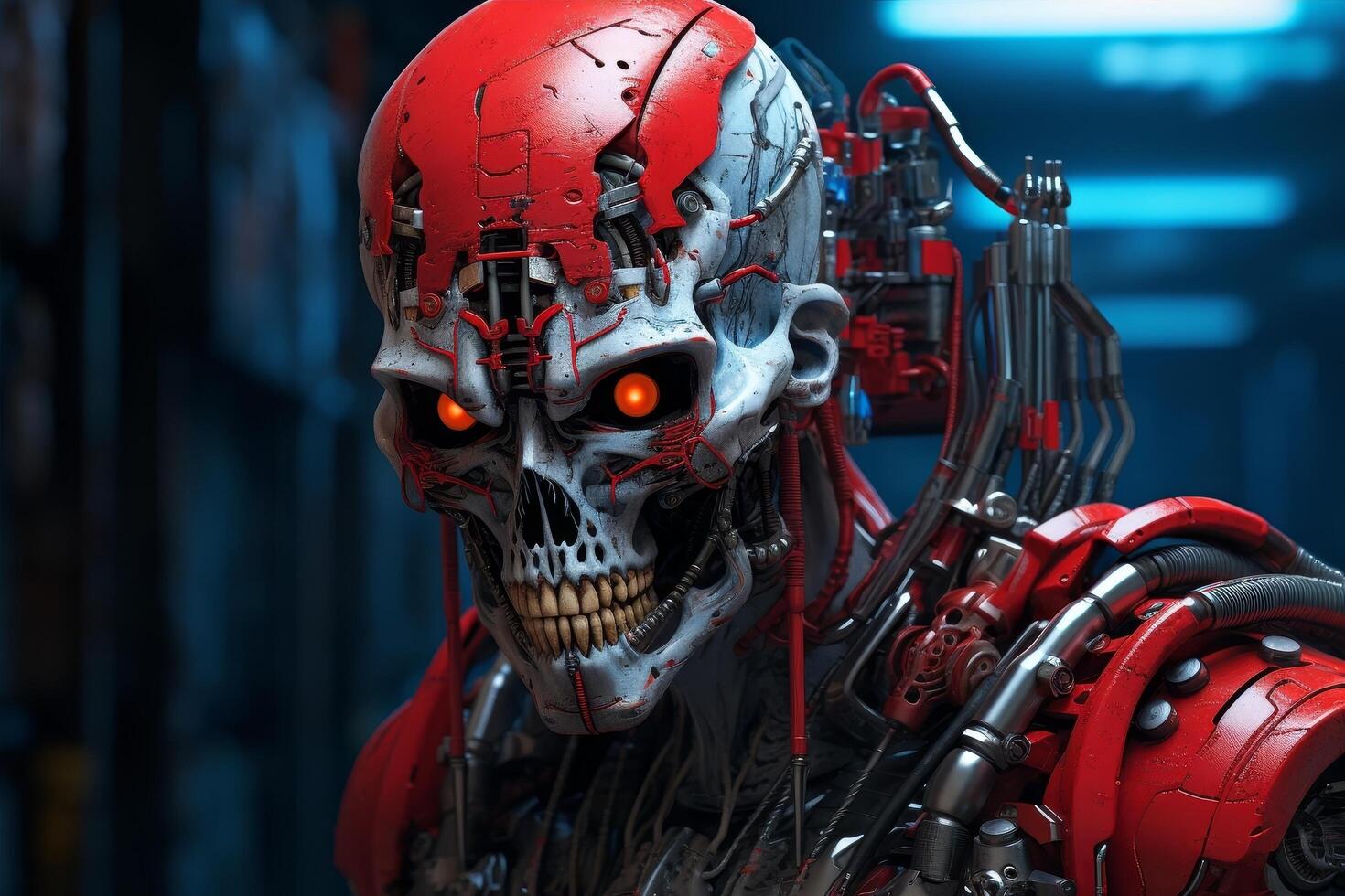 Futuristic cyborg skull with glowing red eyes photo