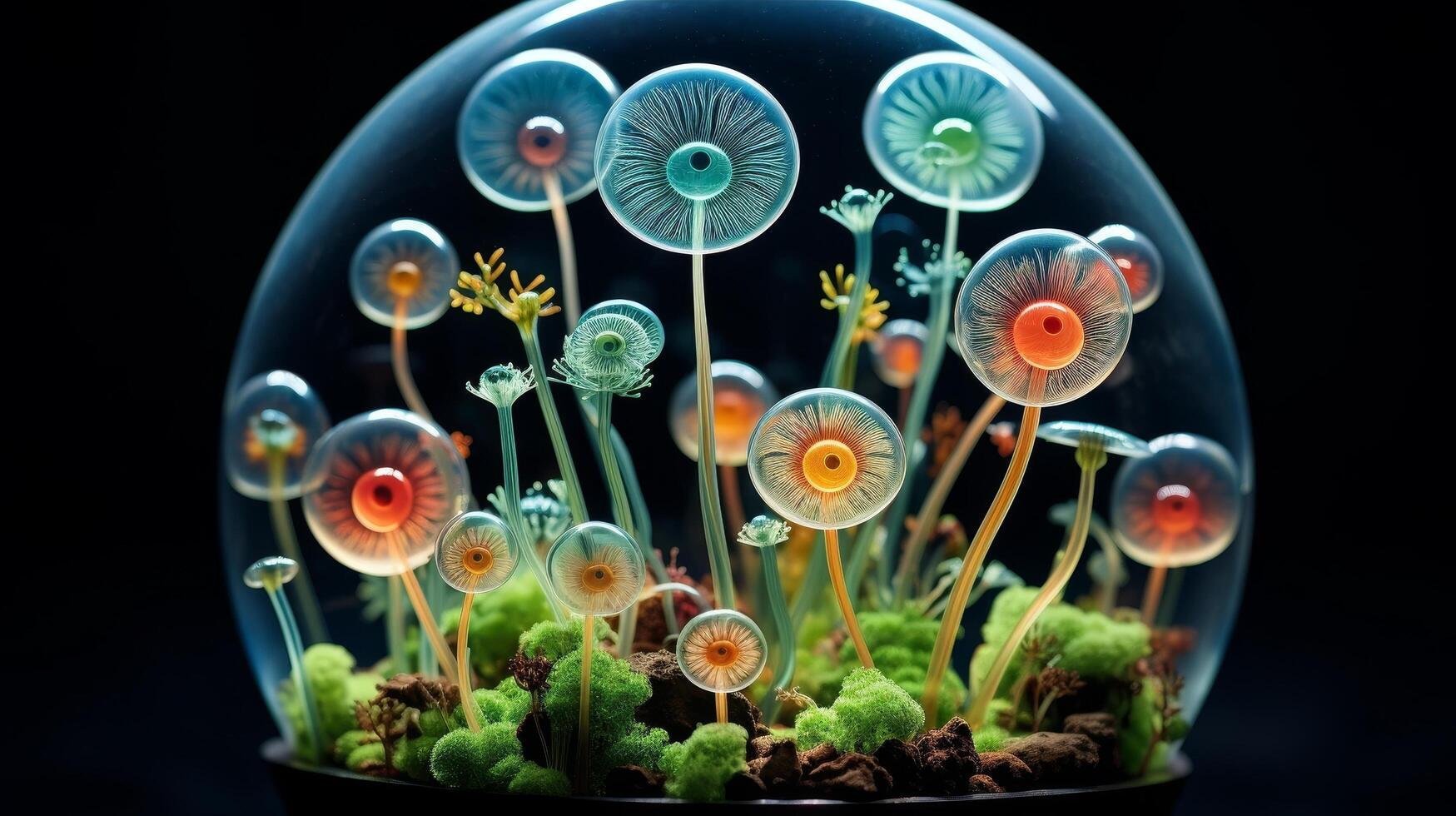 Enchanting glass terrarium with vibrant mushroom like fungi photo