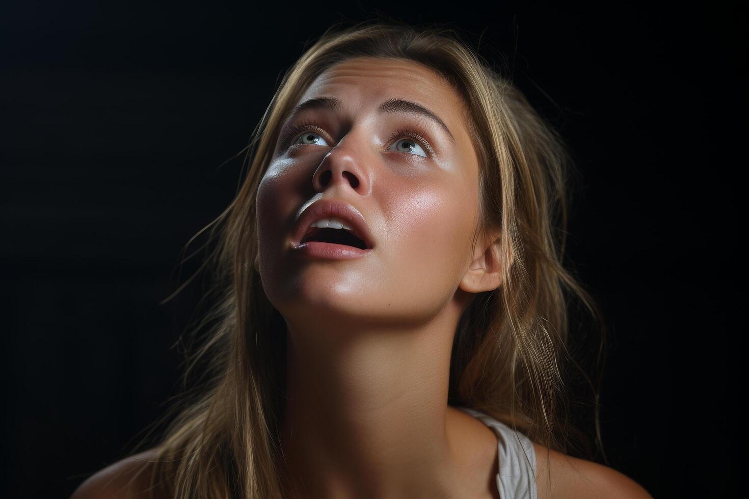 Thoughtful young woman with blond hair looking up photo