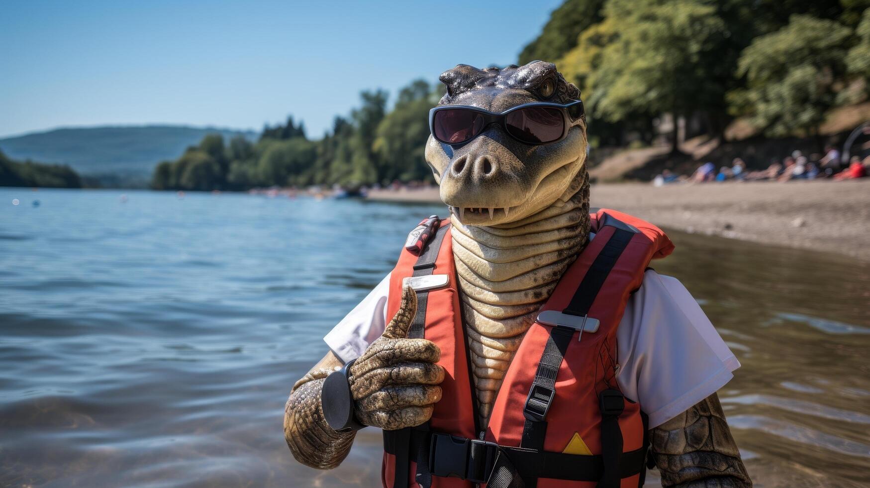 adventurous alligator in life jacket on lake photo