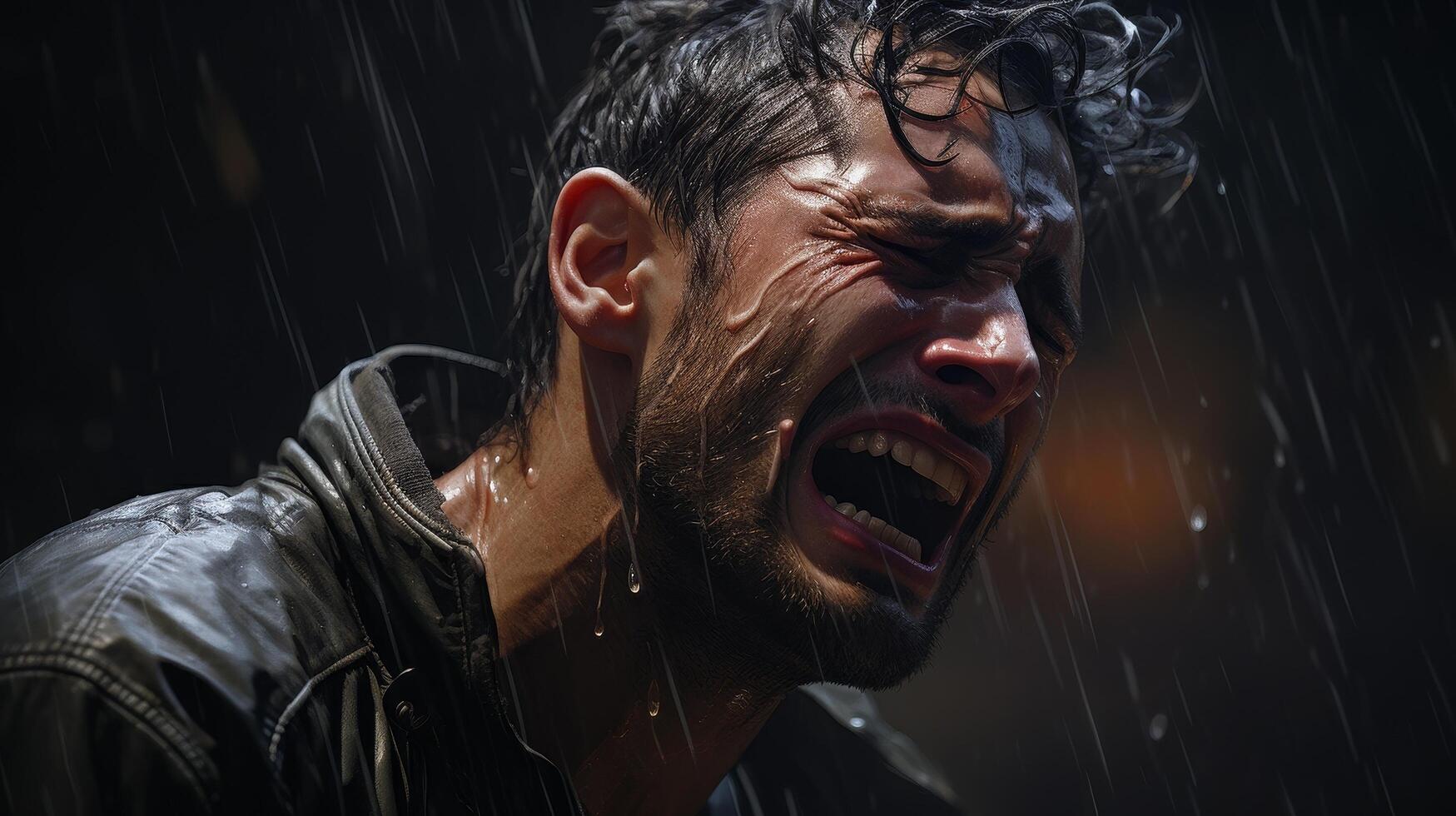 Intense emotional expression of a man in the rain photo