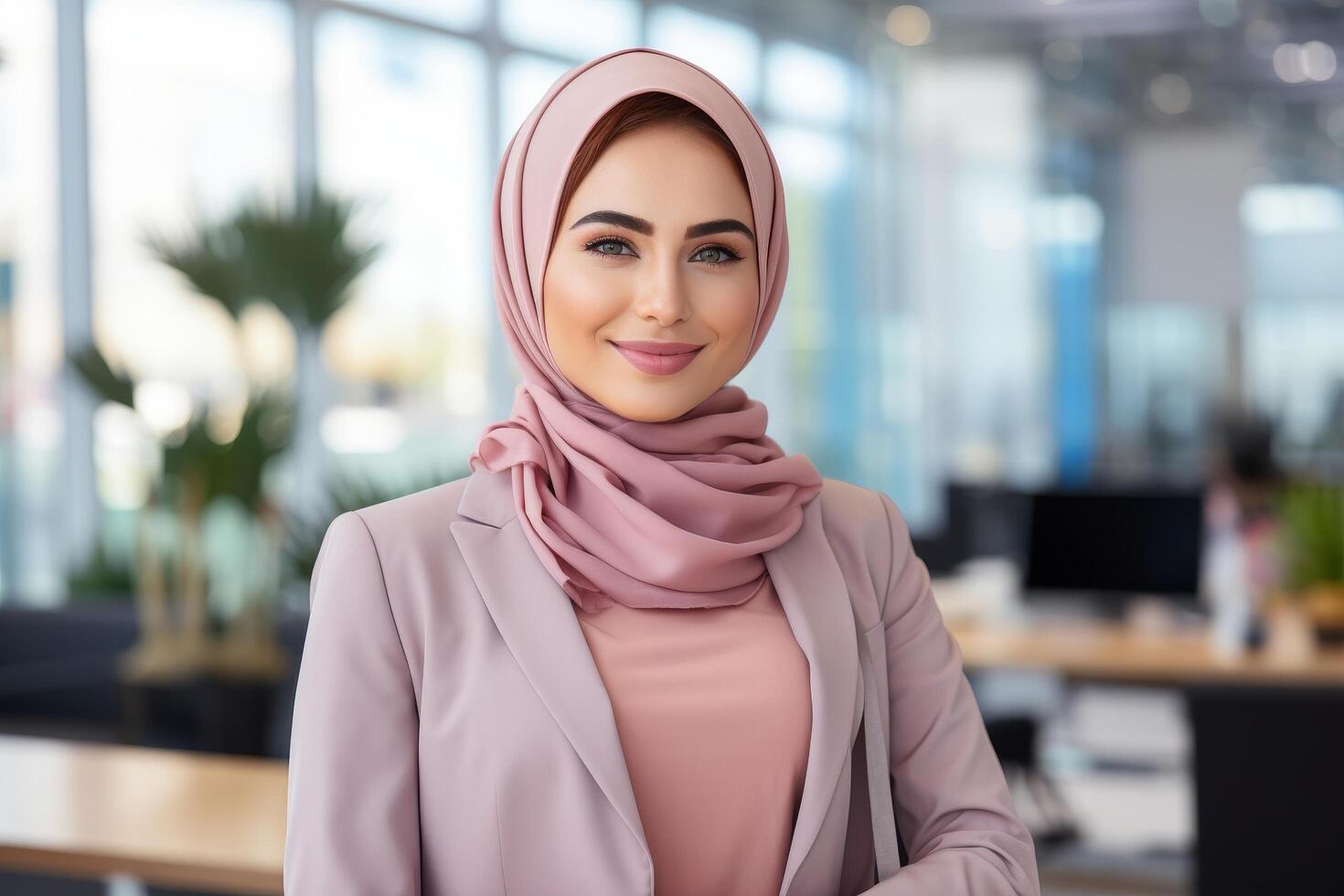 Confident woman in pink hijab smiling at camera photo