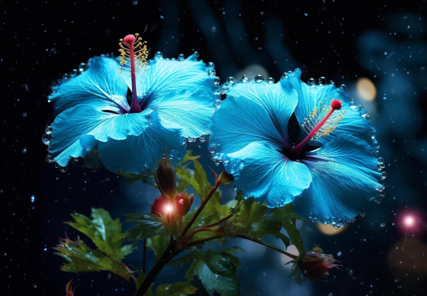 Stunning blue hibiscus flowers in the rain photo