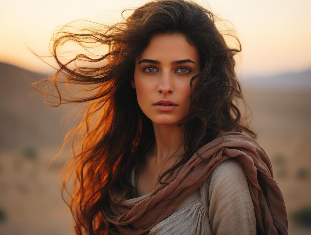Captivating woman with flowing hair in the wind photo