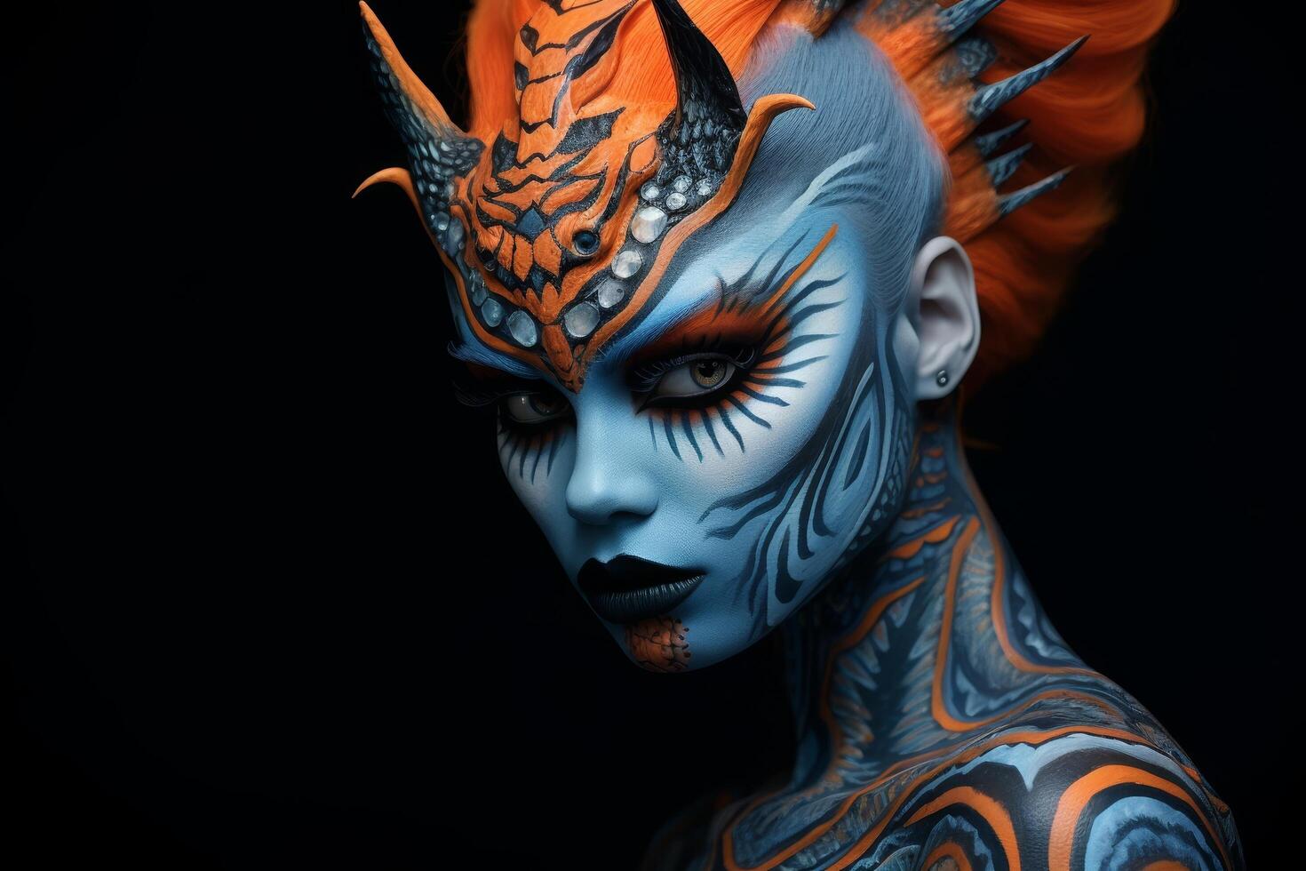 Vibrant face painting with tribal patterns photo