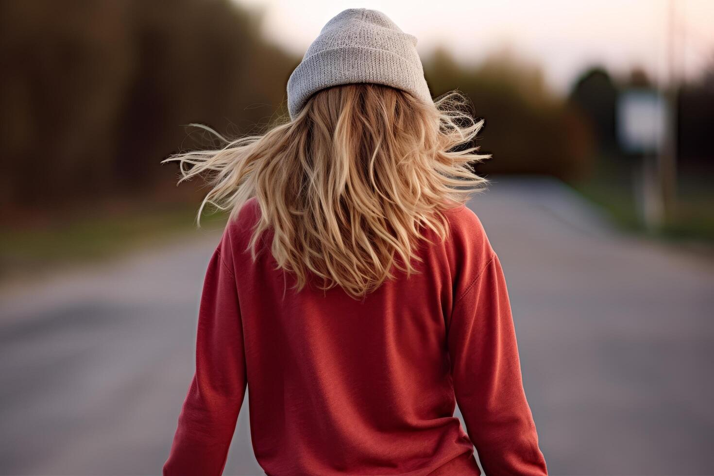 woman in red sweater with windblown hair photo