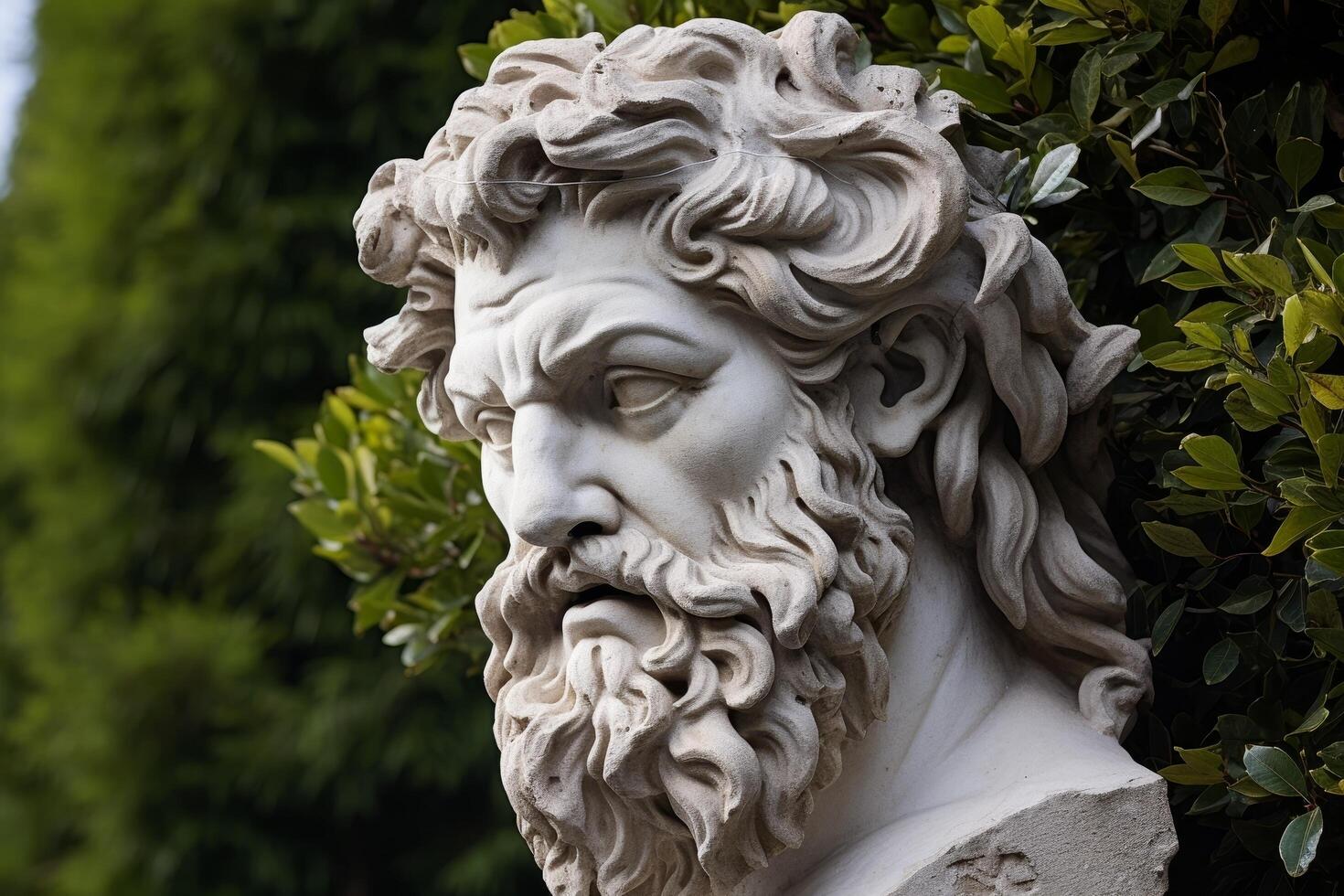 Detailed stone sculpture of a bearded man in a garden photo