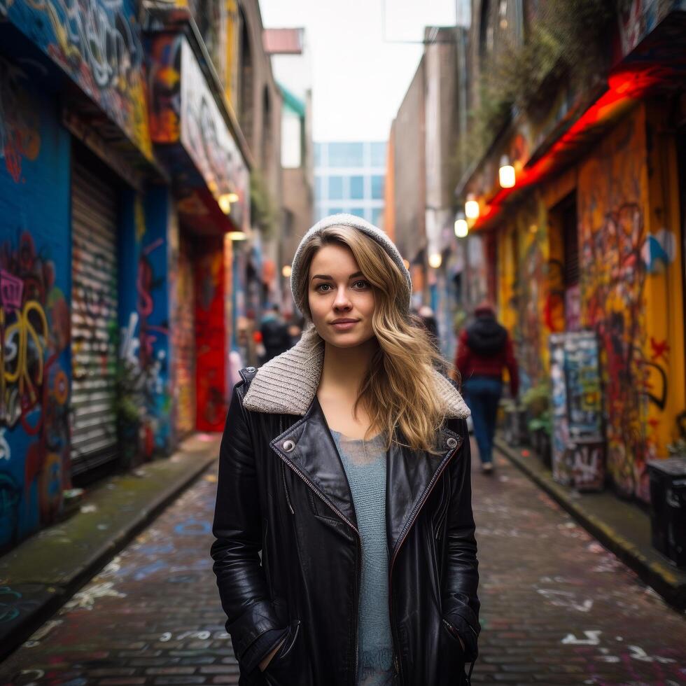 young woman in leather jacket exploring urban alley photo