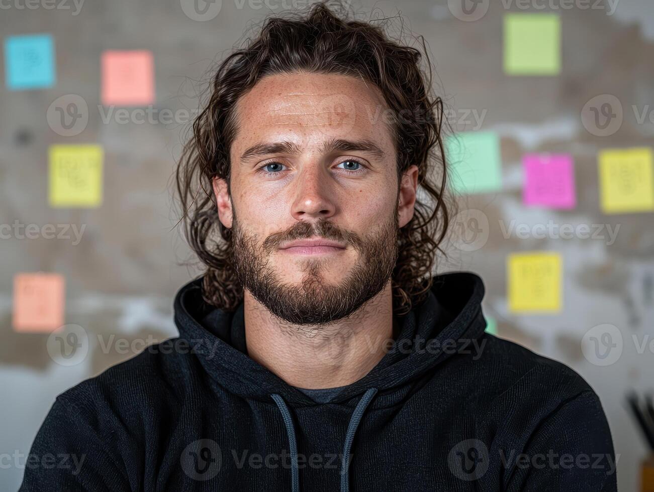 Portrait of a young man with long brown hair and a beard, wearing a black hoodie photo