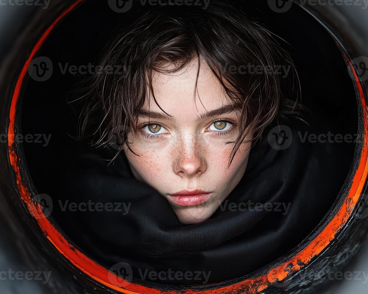 Close up portrait of a young woman with freckles and green eyes, peering from a dark tunnel photo
