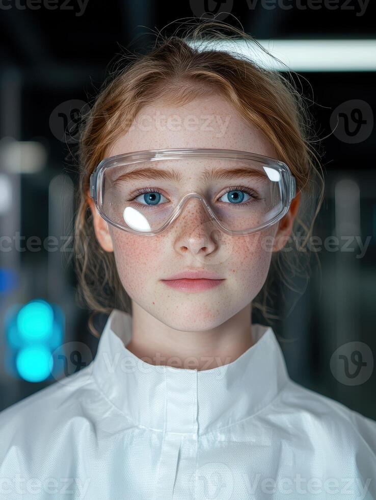 Young female scientist in lab coat and safety glasses photo