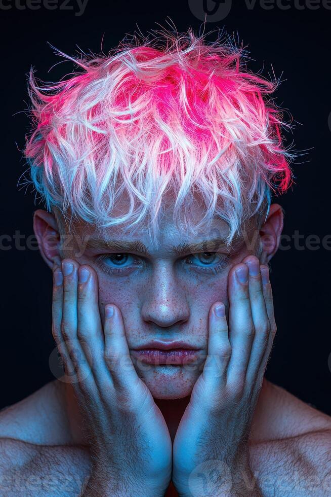 Young man with pink and white hair, hands on face, dramatic lighting photo