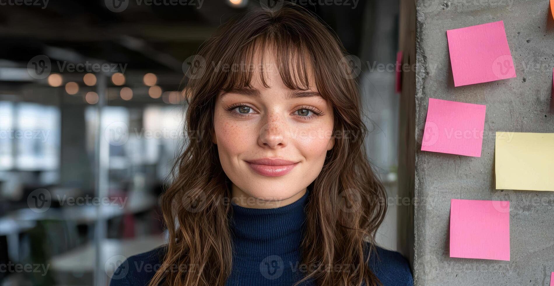 Portrait of a young woman with bangs in a modern office photo