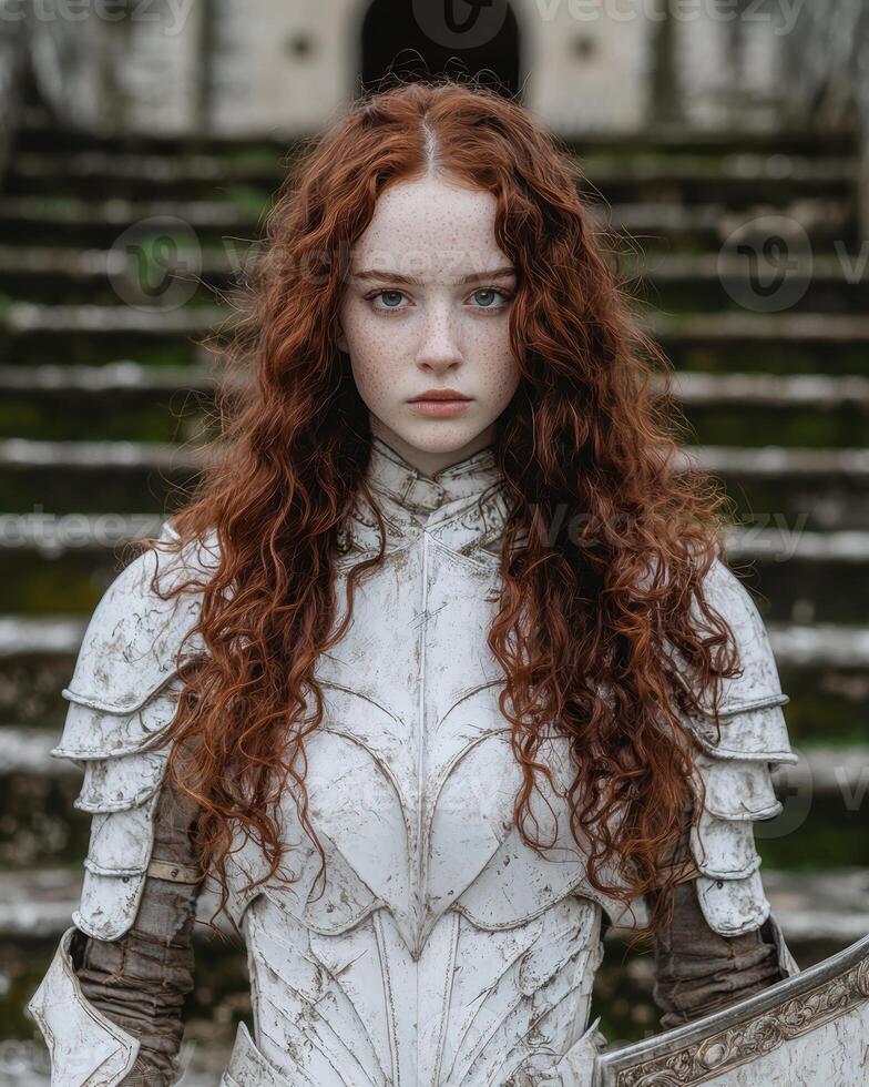 Young redhead woman in medieval armor photo