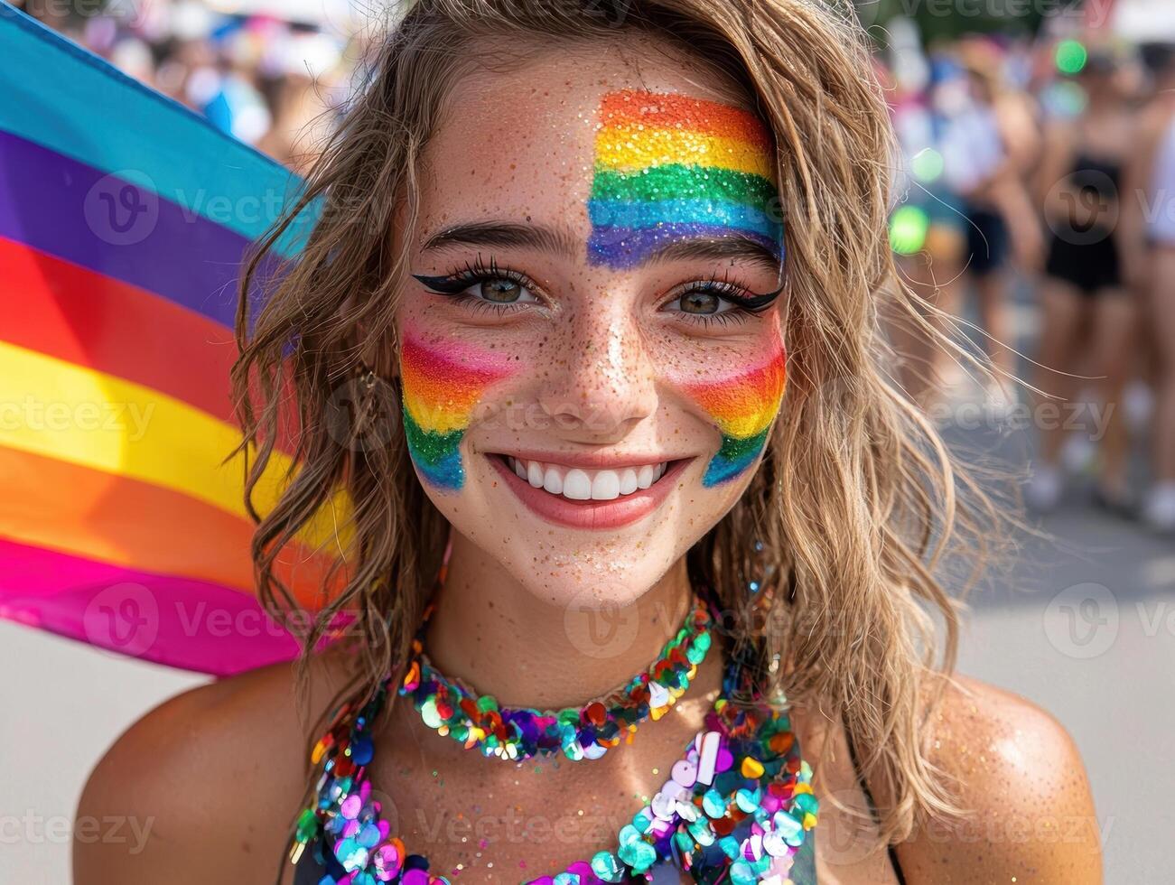 Smiling woman with rainbow face paint at pride parade photo