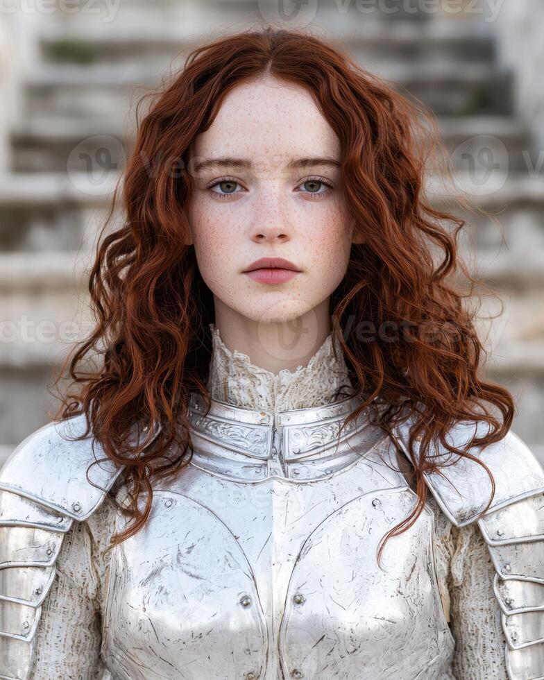 Young redhead woman in medieval armor photo