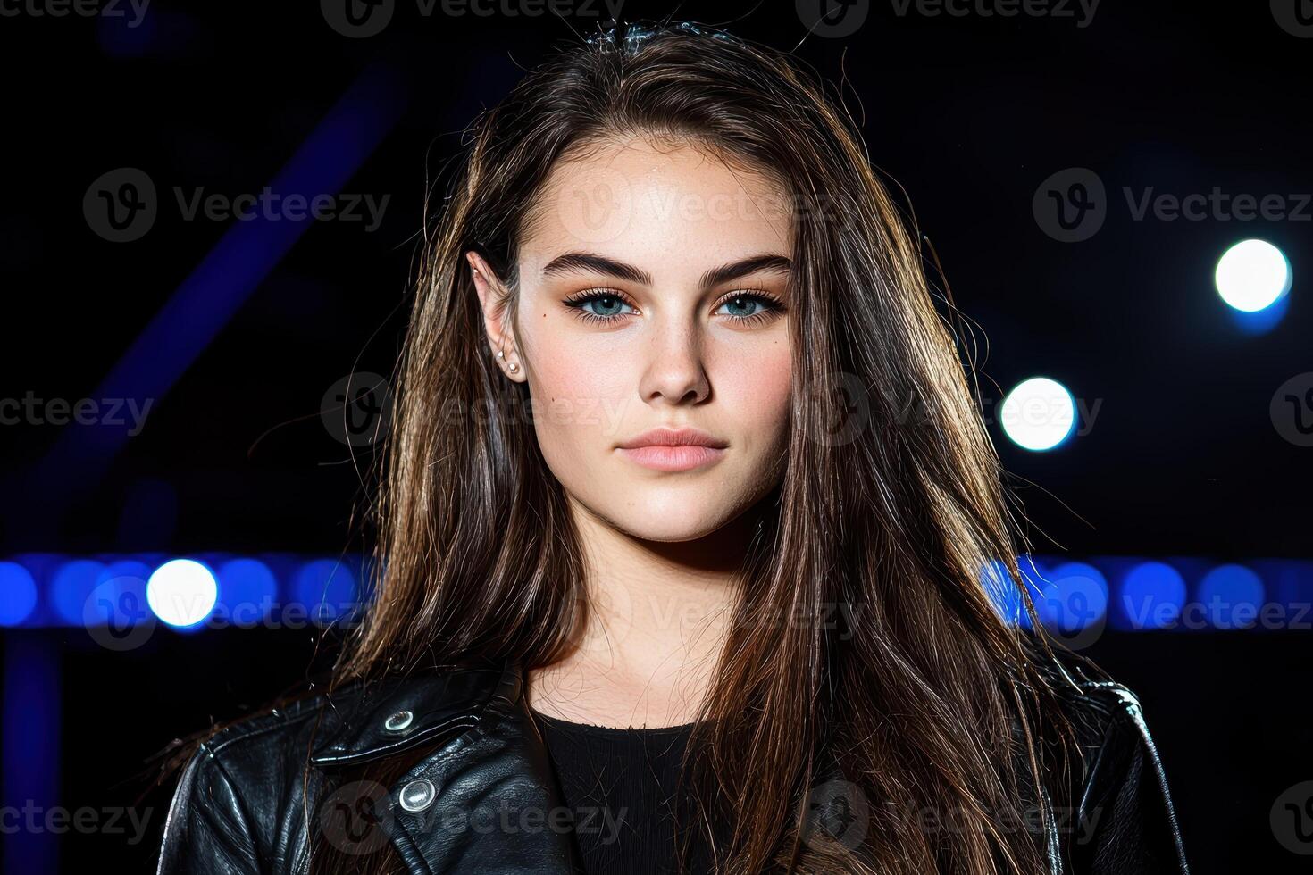 Beautiful young woman with long brown hair and blue eyes in a leather jacket photo