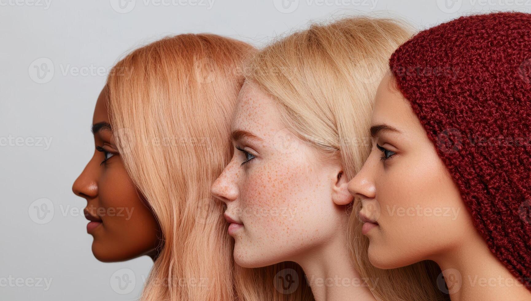 Three women with different hair colors and skin tones stand side by side, profile view photo