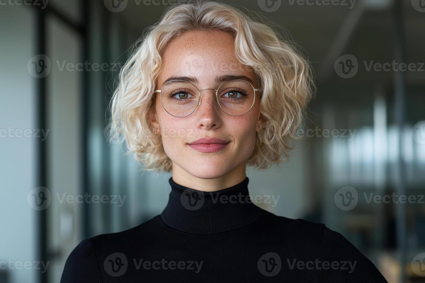 Portrait of a young woman with blonde hair and glasses photo
