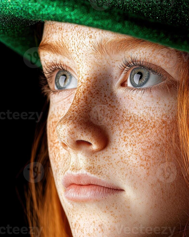 Close up portrait of a freckled redhead girl wearing a green hat photo