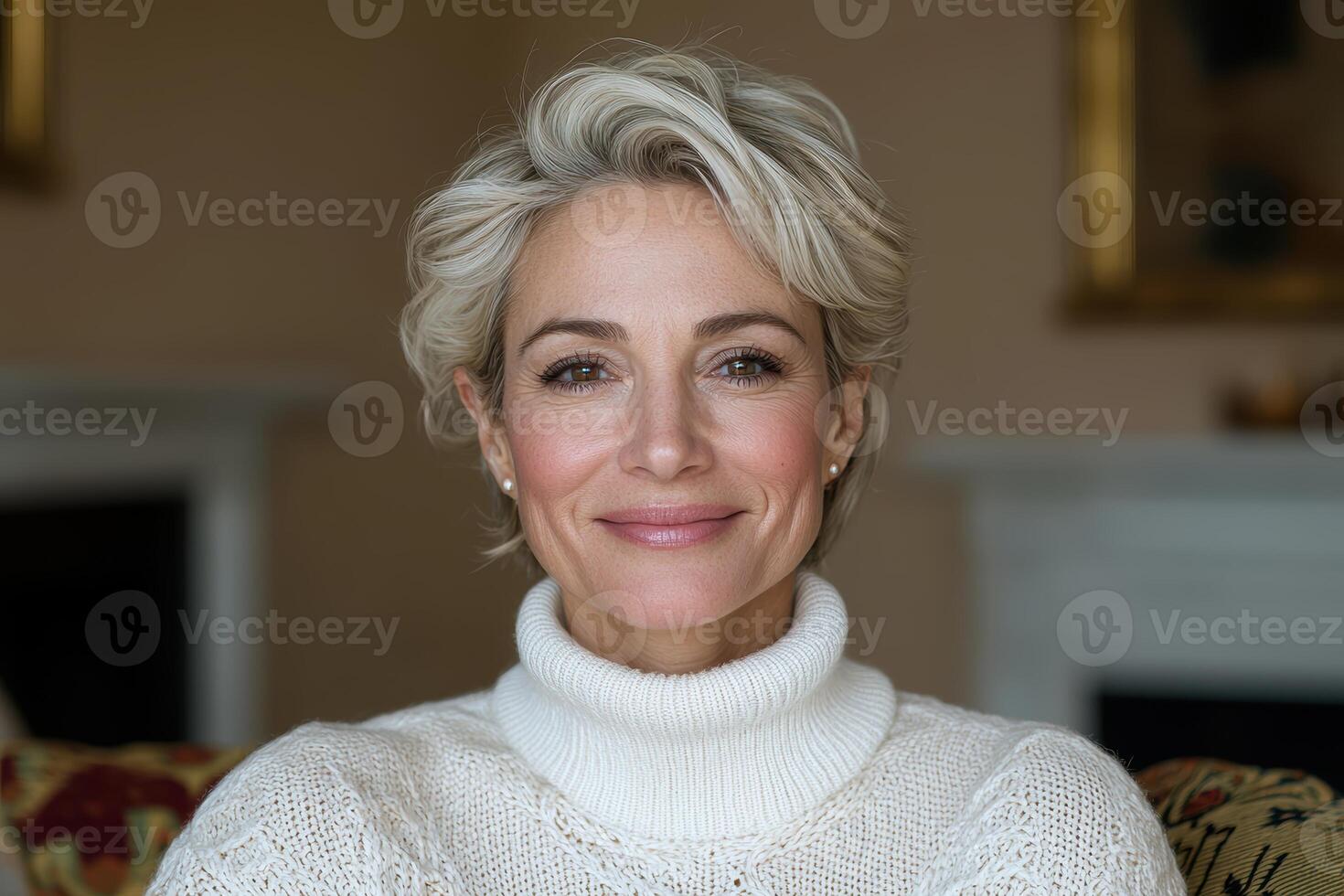 Smiling mature woman in white turtleneck sweater photo