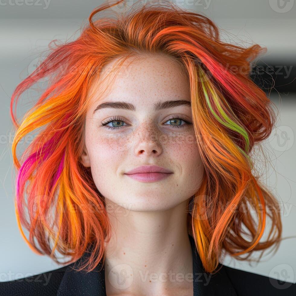 Woman with vibrant orange and pink hair photo