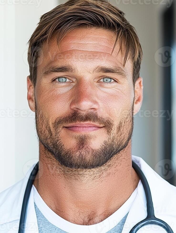 Portrait of a handsome male doctor with stethoscope photo