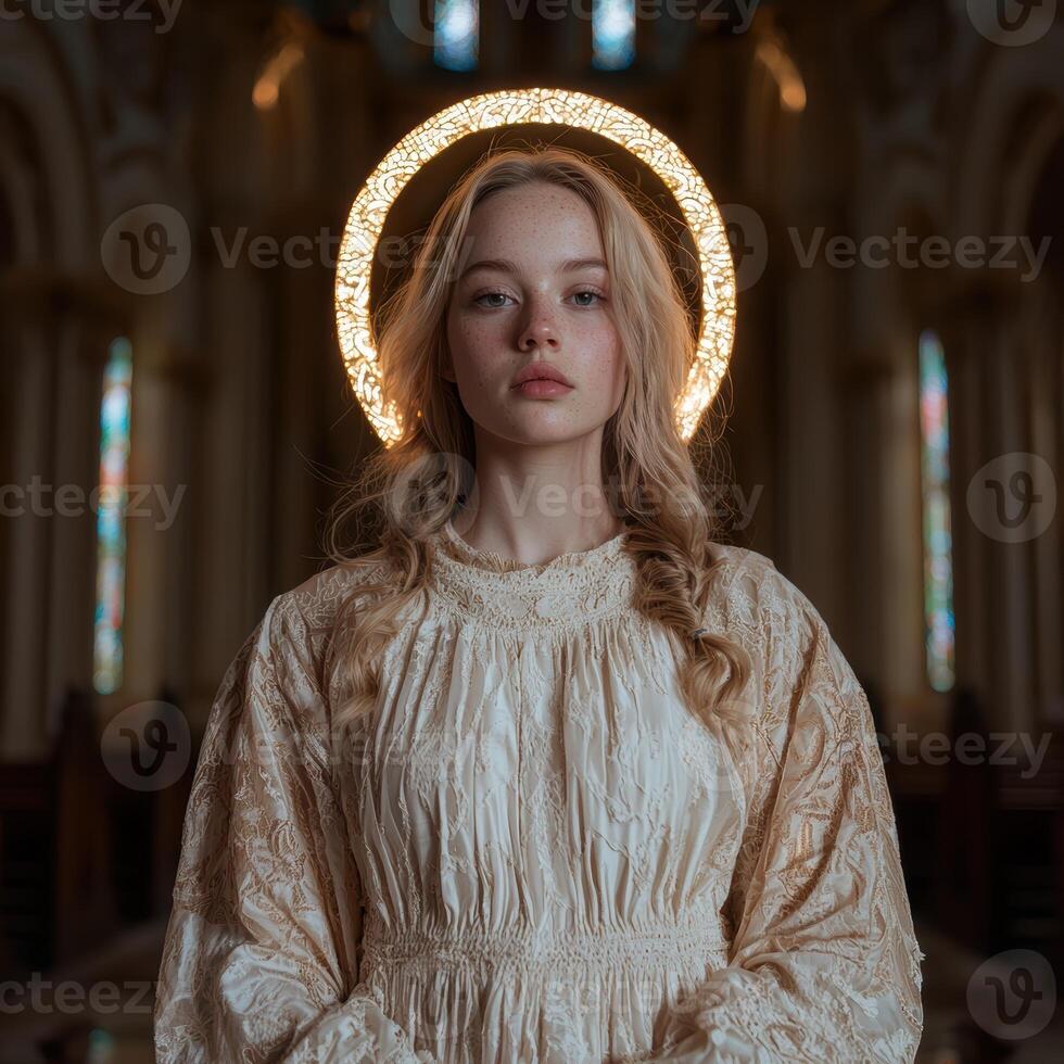 Young woman in a halo of light, ethereal portrait in a church photo