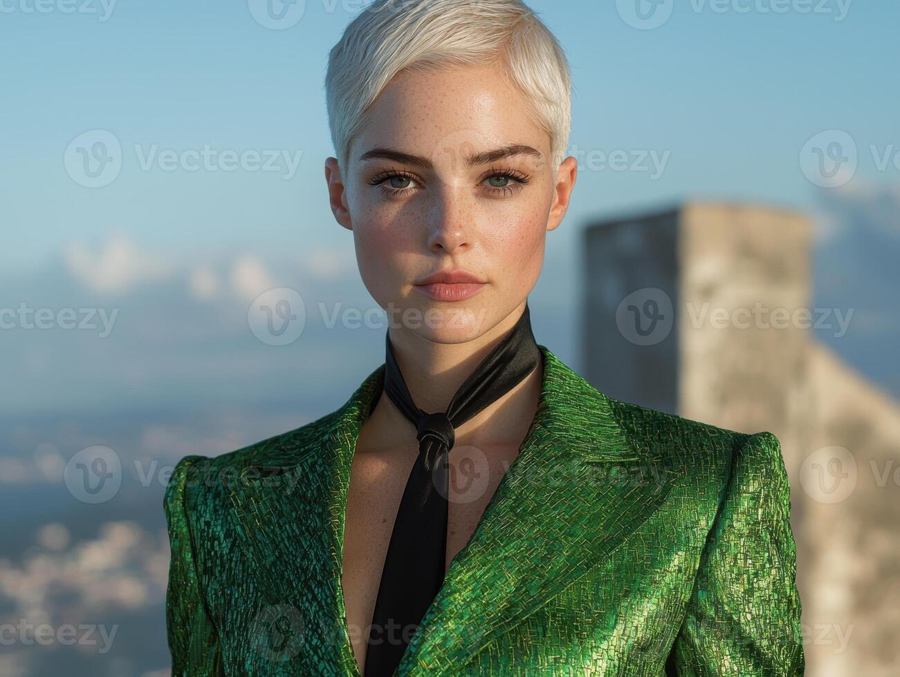 Stylish woman with short blonde hair in a green blazer photo