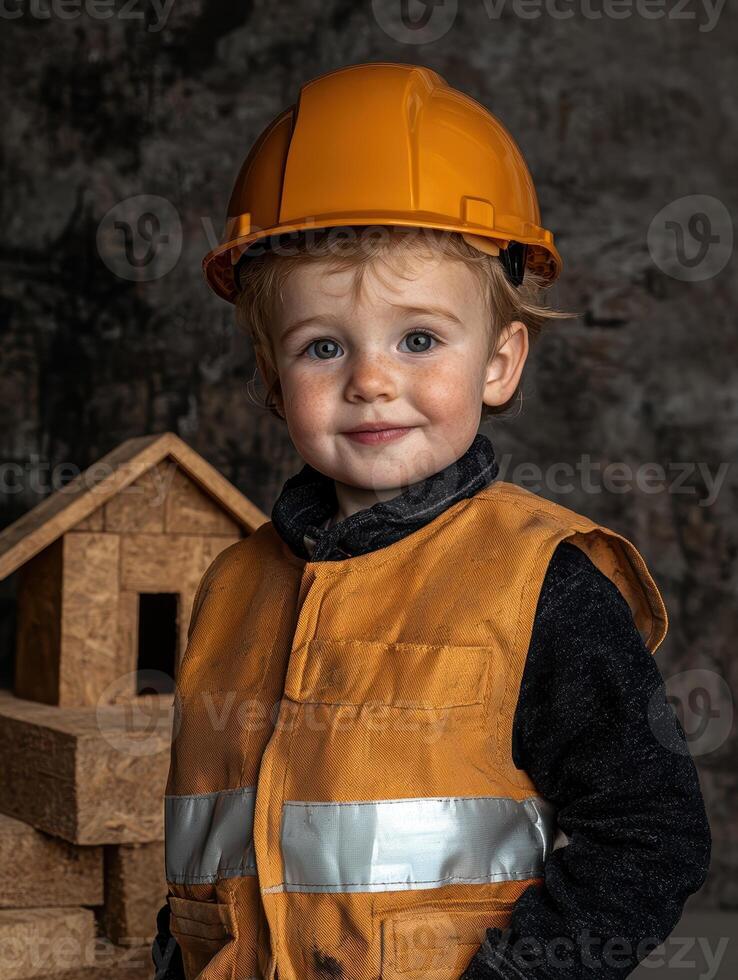 Adorable toddler in hard hat and safety vest plays with building blocks photo