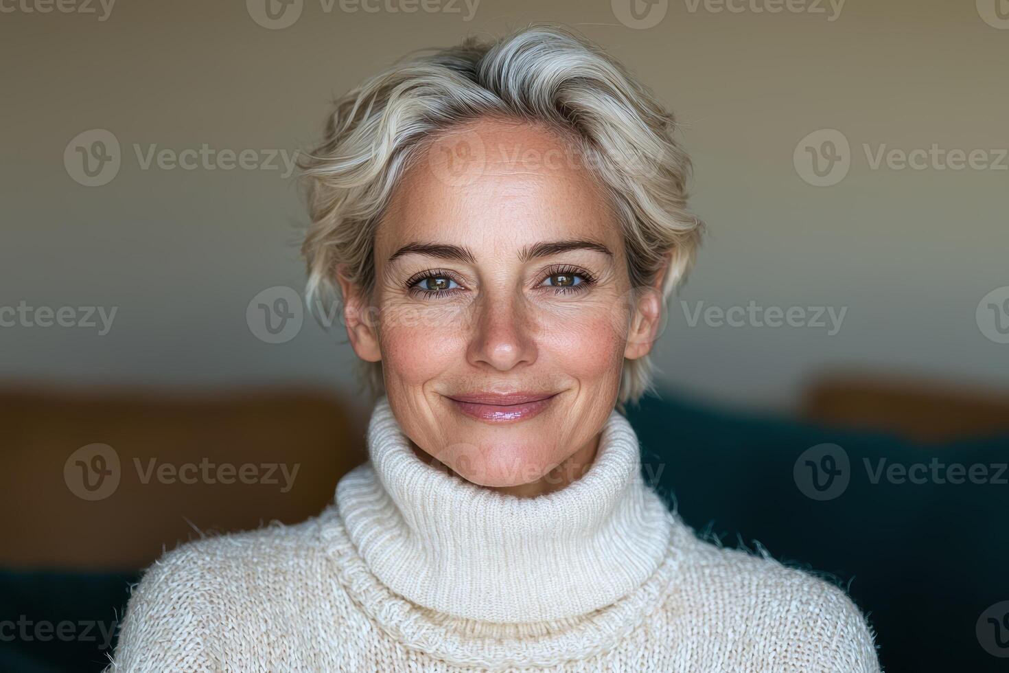 Portrait of a smiling middle aged woman with short blond hair photo