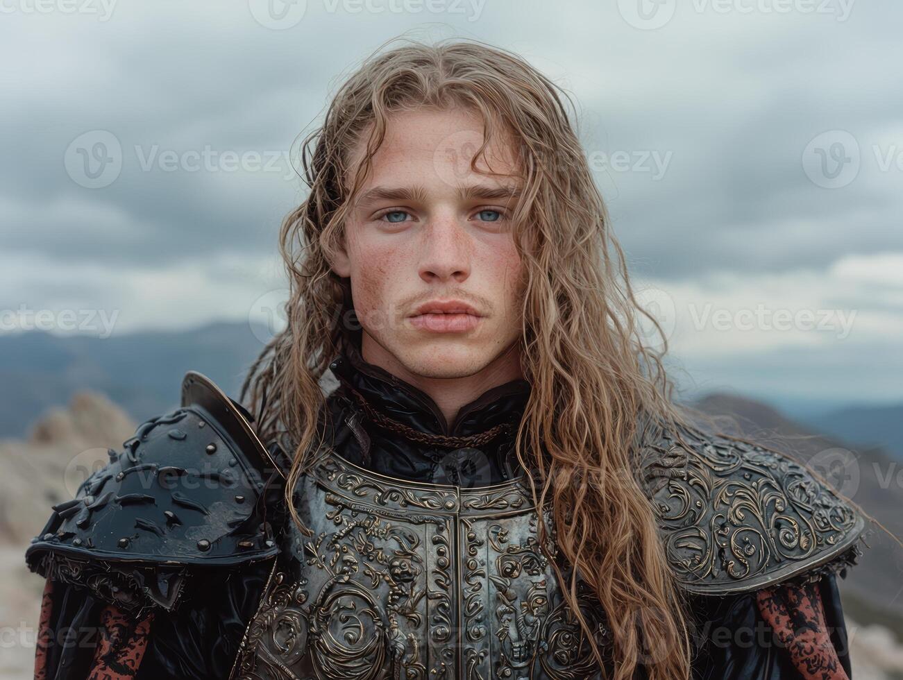 Portrait of a young man in medieval armor, long hair, fantasy warrior photo