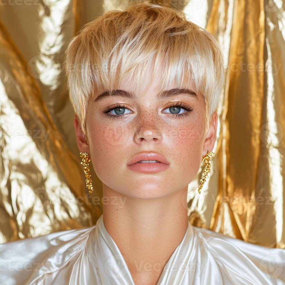 Close up portrait of a young woman with short blonde hair and freckles, wearing gold earrings and a white top photo