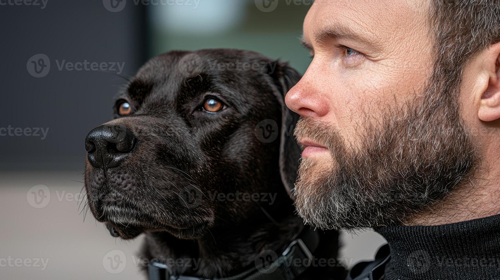 Close up of a man and his black Labrador Retriever photo