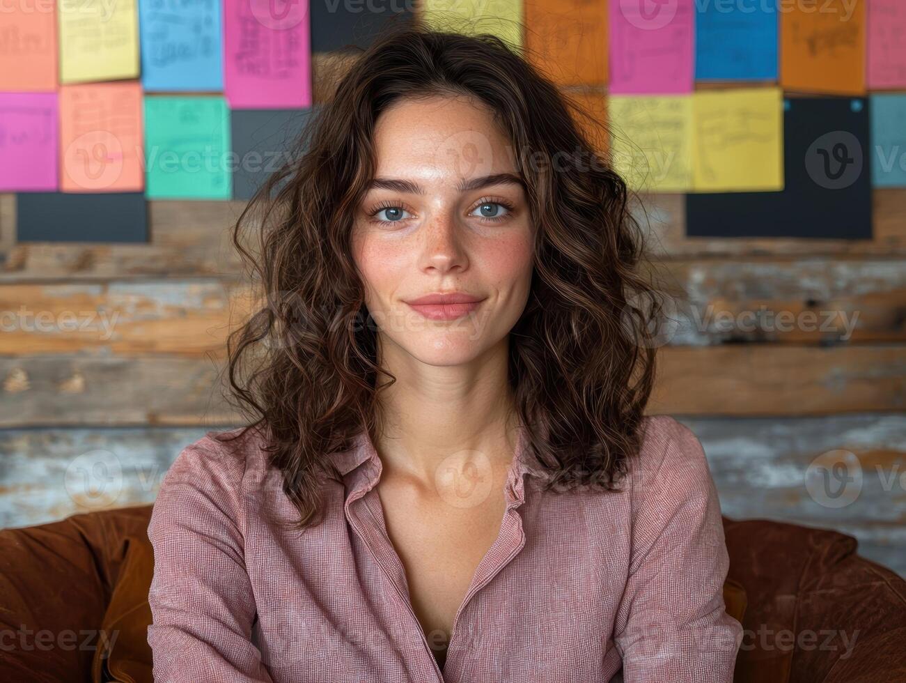 Portrait of a young woman with curly hair and freckles smiling at the camera photo