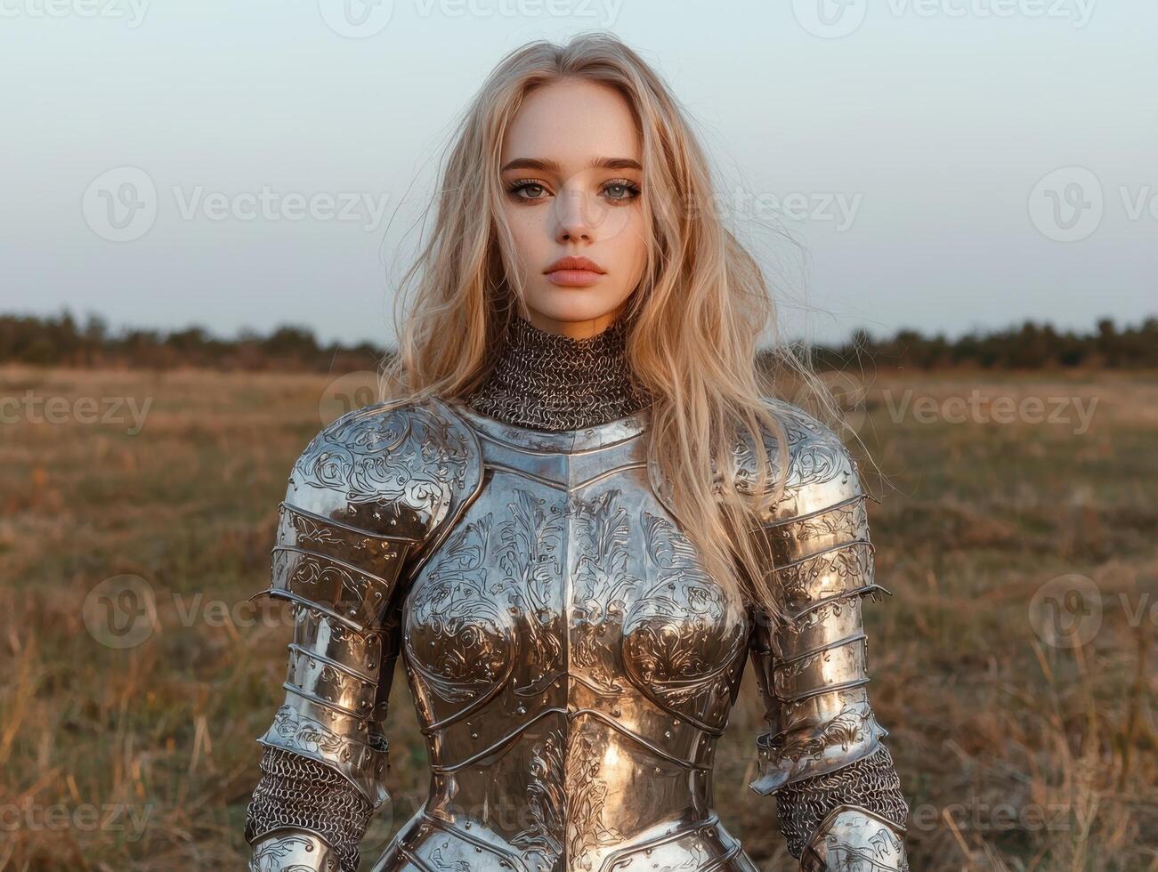 Female knight in shining armor standing in a field photo