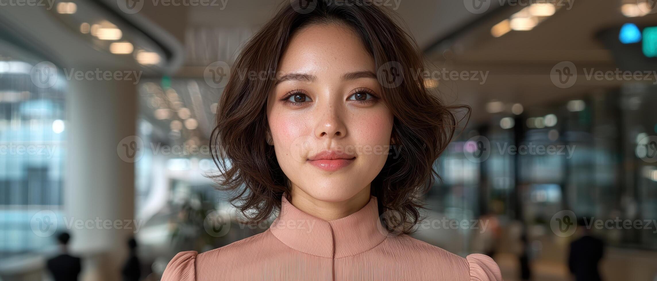 Portrait of a young woman with shoulder length hair, in a modern building photo