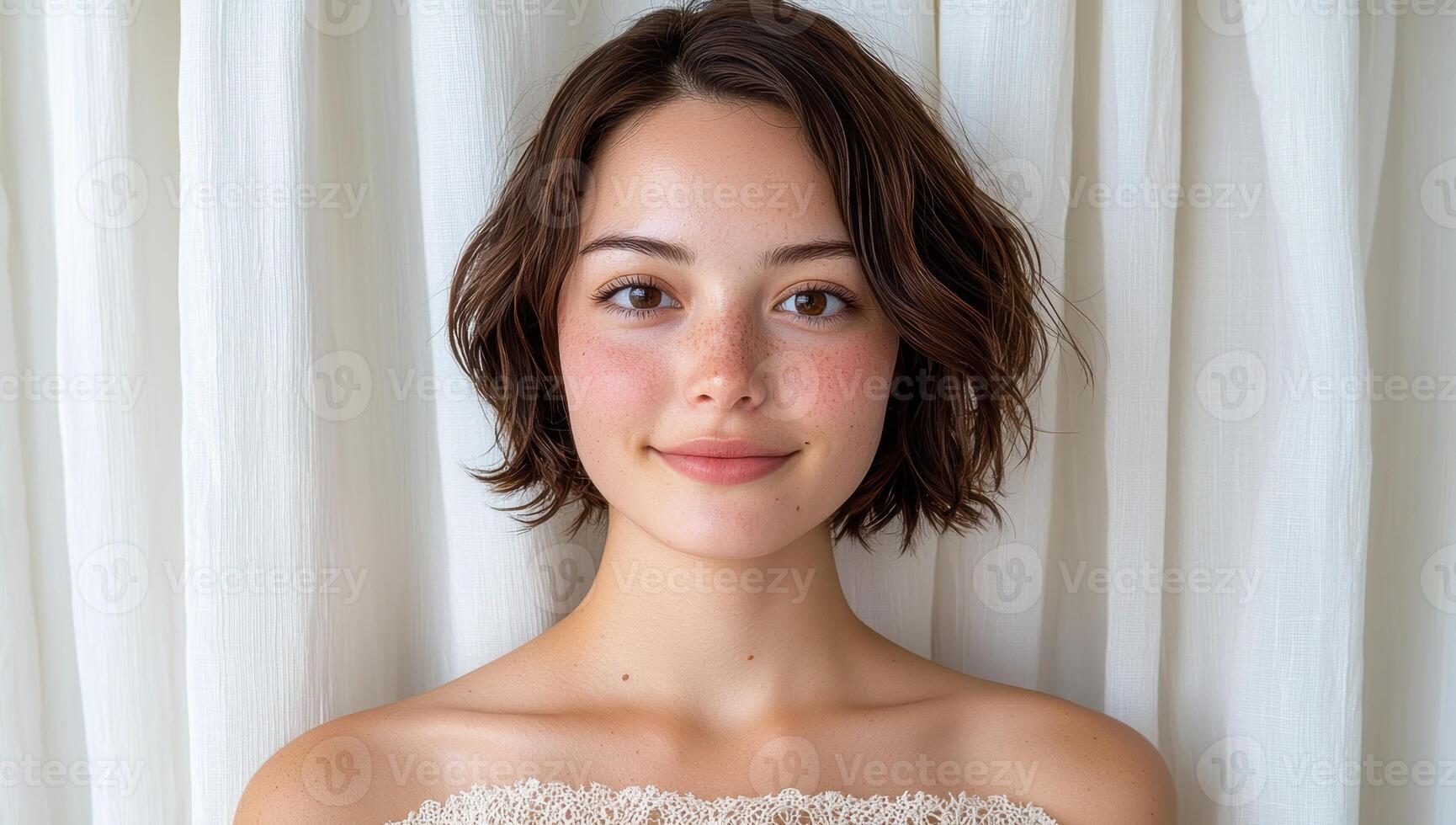 Portrait of a young woman with freckles and short brown hair photo