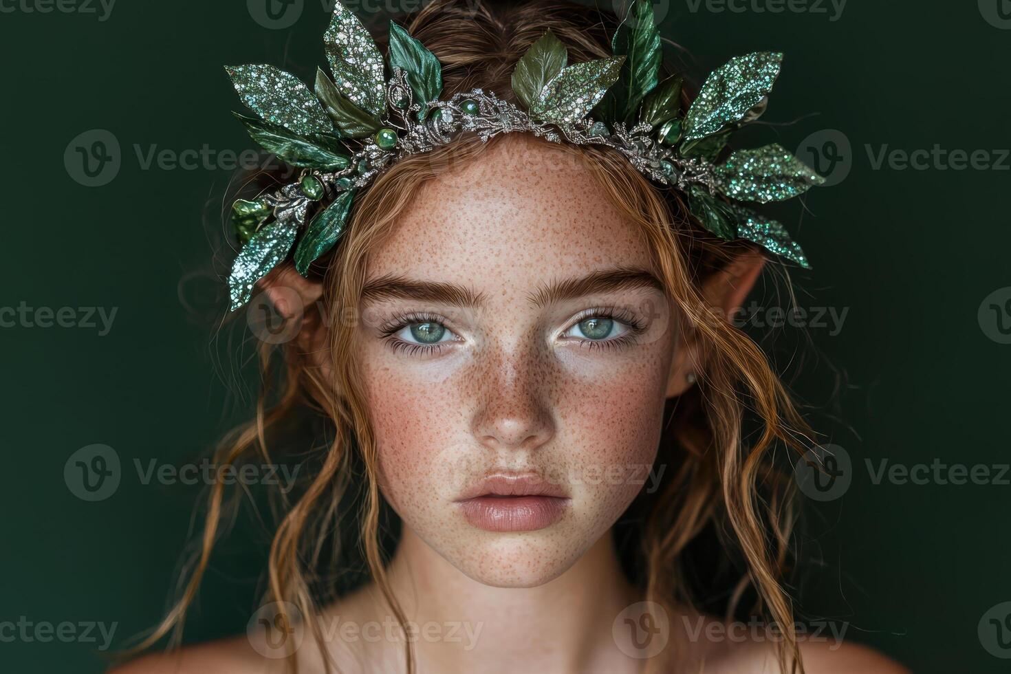 Portrait of a young woman with freckles and a leaf crown photo